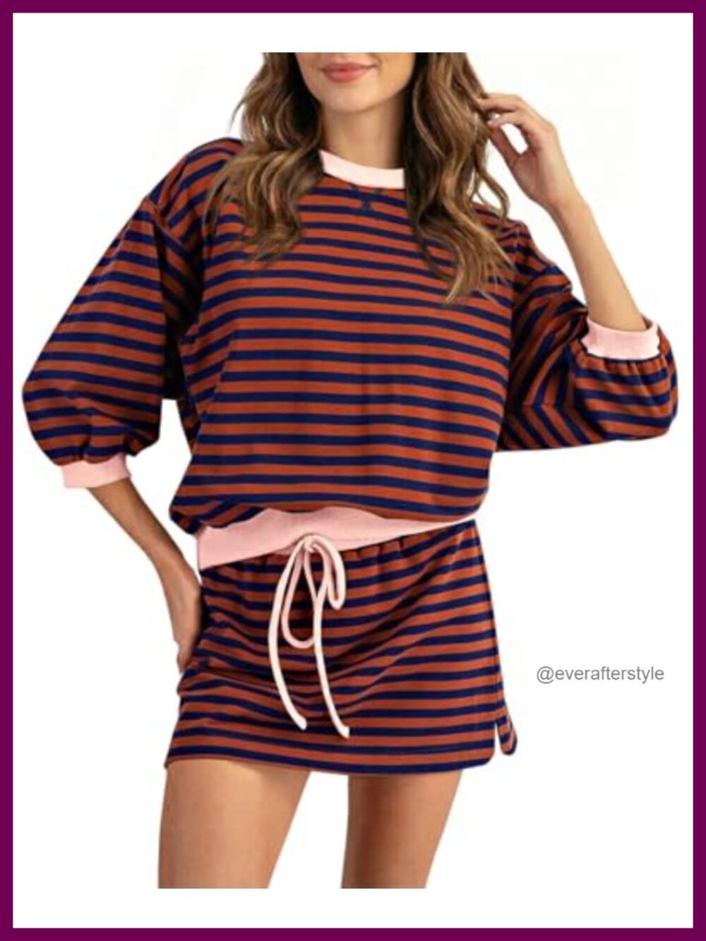 Wenrine Women's Striped Mini Skirt & Sweatshirt Set 3/4 Sleeve Crewneck High